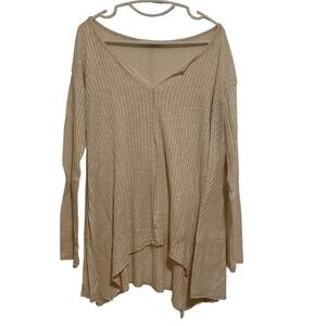 Oversized MOD Open Neck Long Sleeve Ribbed Cream Top Asymmetrical Hemline Large